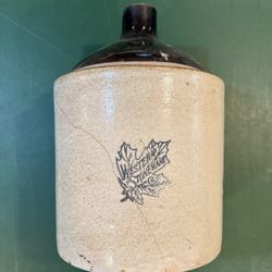 Vintage Stoneware Western Stoneware Maple Leaf Blue Stamped Whiskey Crock Jug