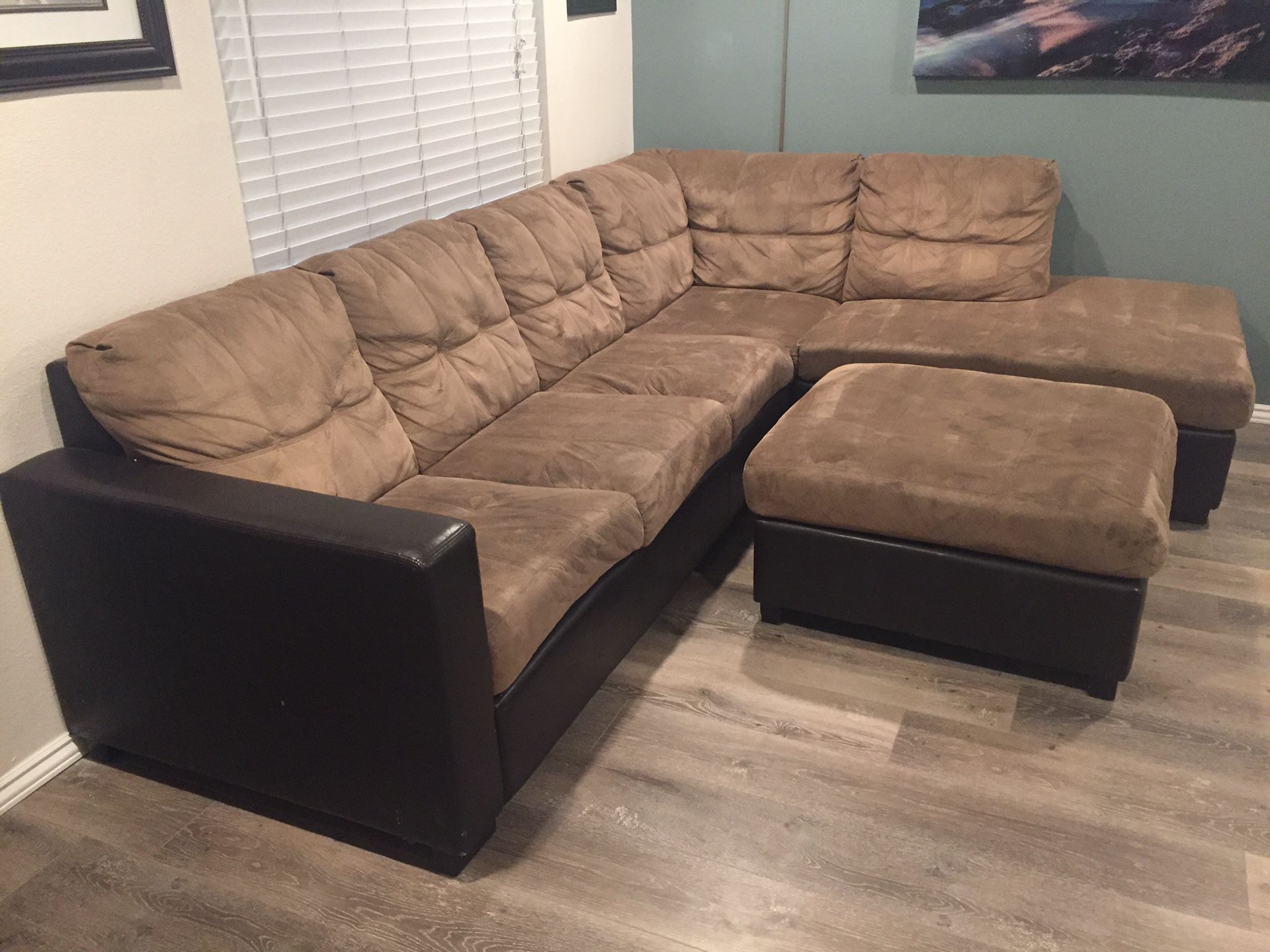 Beige & black sectional couch sofa + Ottoman! - Priced to sell!