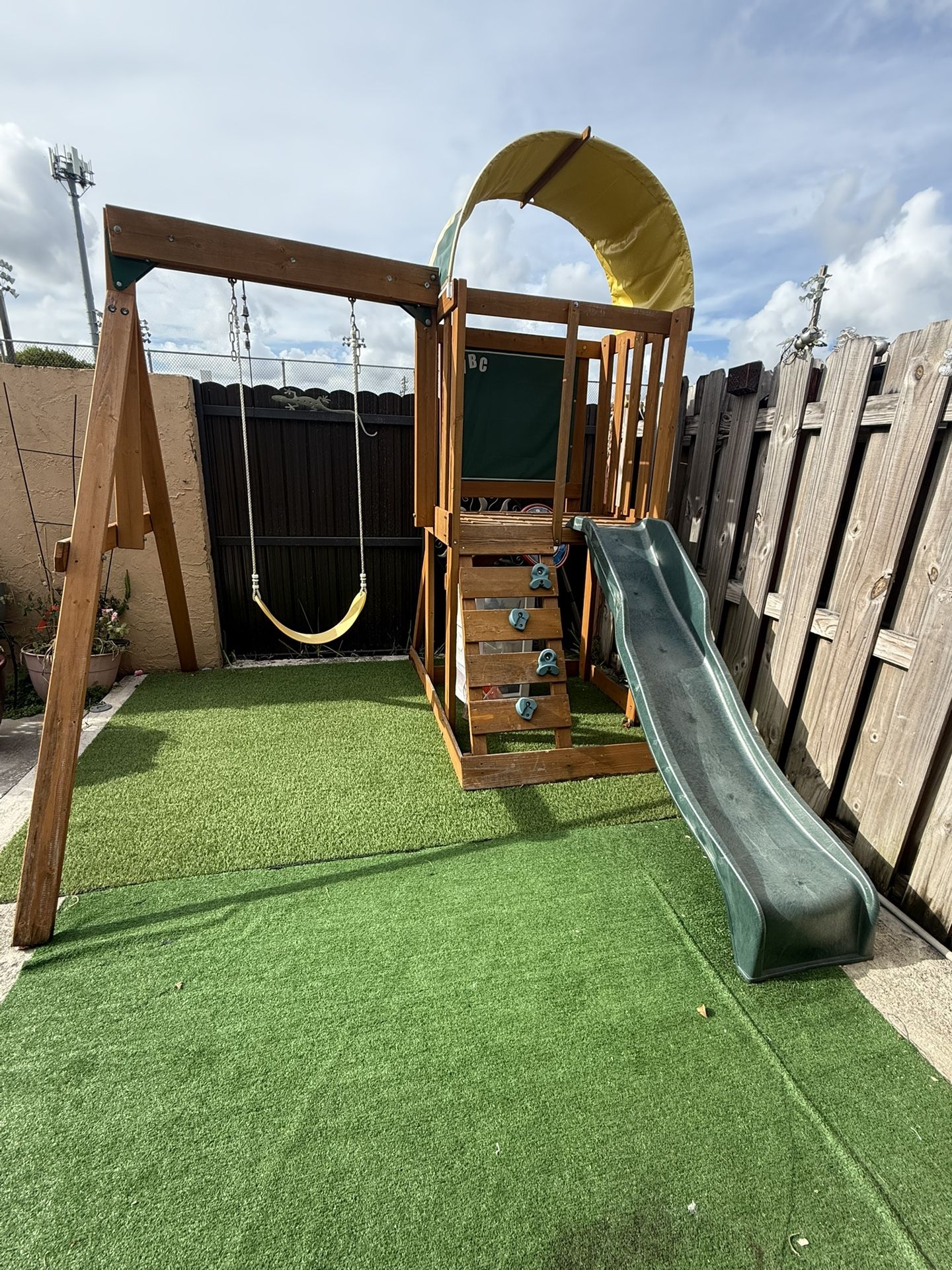 Outdoor Swing Set With Slide, Chalk Wall, Canopy, Rock Wall