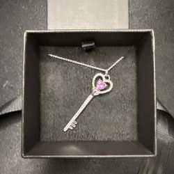 Created Pink and White Sapphire Key Pendant Necklace In Sterling Silver 18"