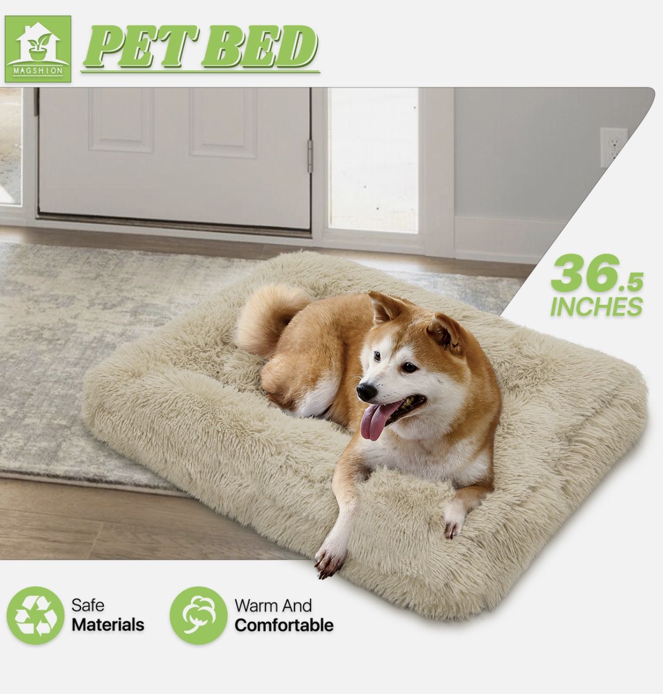 Long Plush Pet Dogs Cats Bed Rectangle Soft Calming Beds Beige Cuddler Cushion
