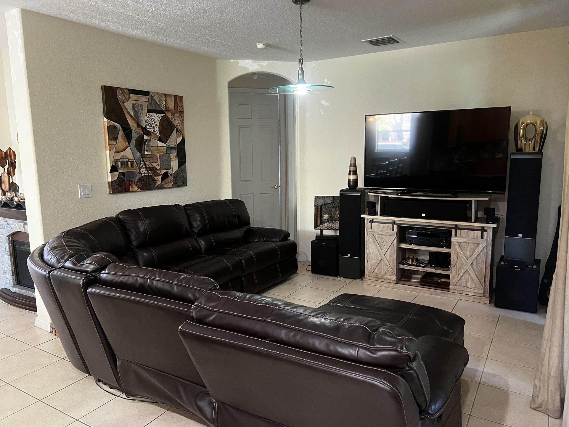 Extended Dark Brown Leather Sectional Couch With Two Recliners And Corner Chase