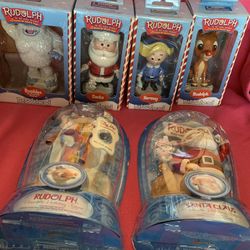 Vintage Rudolph the Red-Nosed Reindeer 4-piece Bobblehead Set (ToySite) Unopened + Santa And Rudolf From Memory Lane 