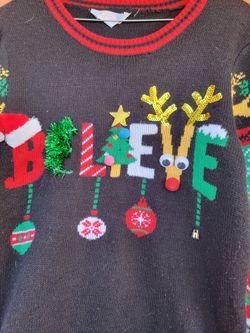 Christmas Ugly Sweater size L Believe With Ornament Decor & Festive Patterns