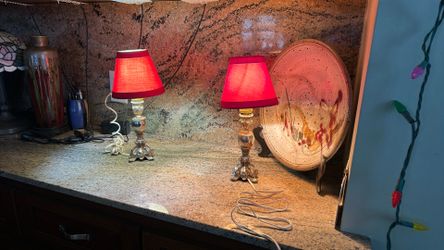 Pair Of Vintage Gilded Brass Table Lamp With Fabric Shades