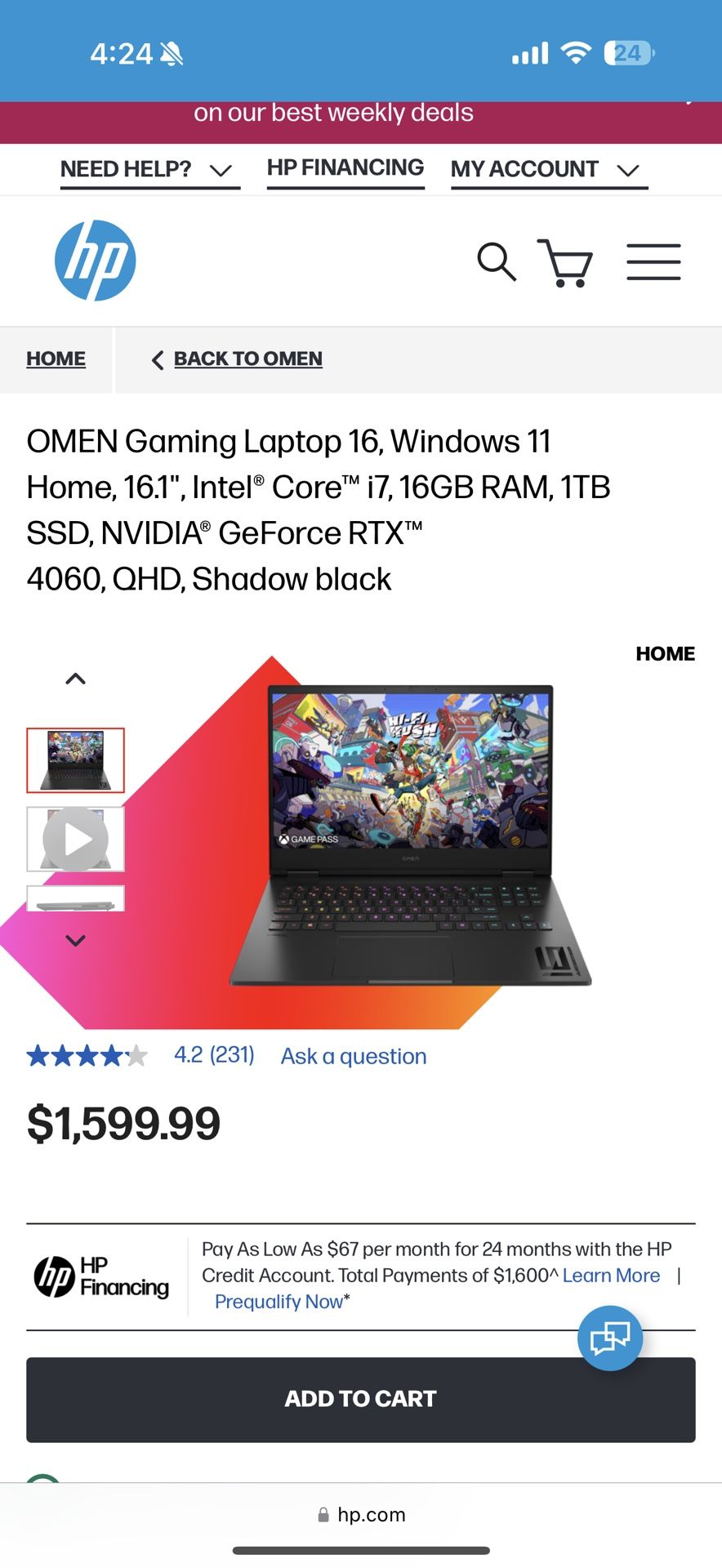 OMEN Gaming laptop i7 16gb RAM 1TB SSD NVIDIA RTX4060 240HZ SCREEN