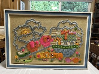 Vintage Noah’s Ark Crewel Needlepoint Framed Artwork