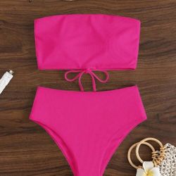 Hot Pink Beach Lace Up Back Bandeau Bikini Set