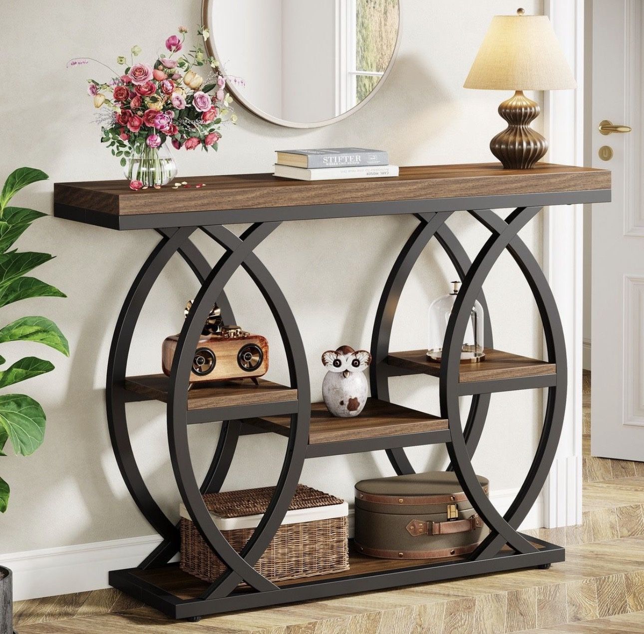 Tribesigns 39.4" Console Table, Industrial 4-Tier Sofa Table Entryway Table with Storage Shelves, Narrow Wood Accent Tables with Metal Frame for Small