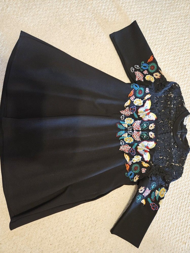 Black Embroidered Dress With Lace Cutout