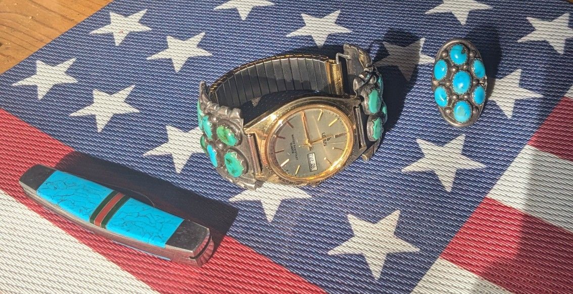 For Sale, Turquoise And Silver Watch, Ring, And Pocket Knife. $500