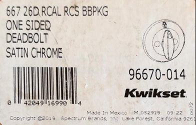 Kwikset 667 One-Sided Deadbolt Door Lock, Satin Chrome - Open Box, No Key