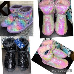 K KomForme Girls Winter Boots Sparkle Sequins Warm Shoes Fur Lined Lightweight size 10,3,5