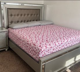 LED Silver Mirrored Bed Frame with Tufted Headboard