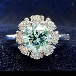2 CT VVS Blue/White Round Moissanite Engagement Ring 925 Silver, Rhodium Plated, Size 7