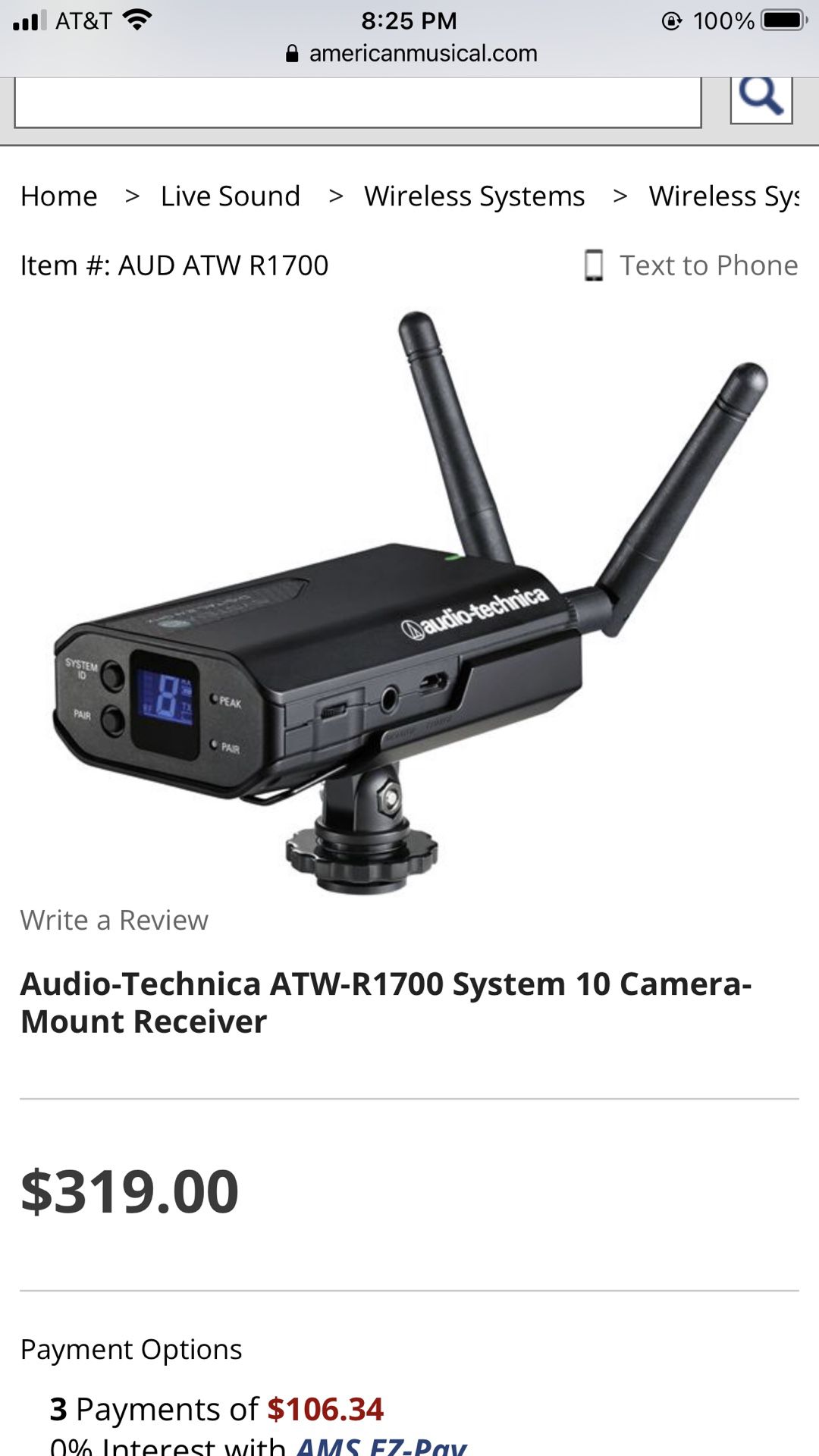 Audio Technica Wireless Microphone  Set (2) $89