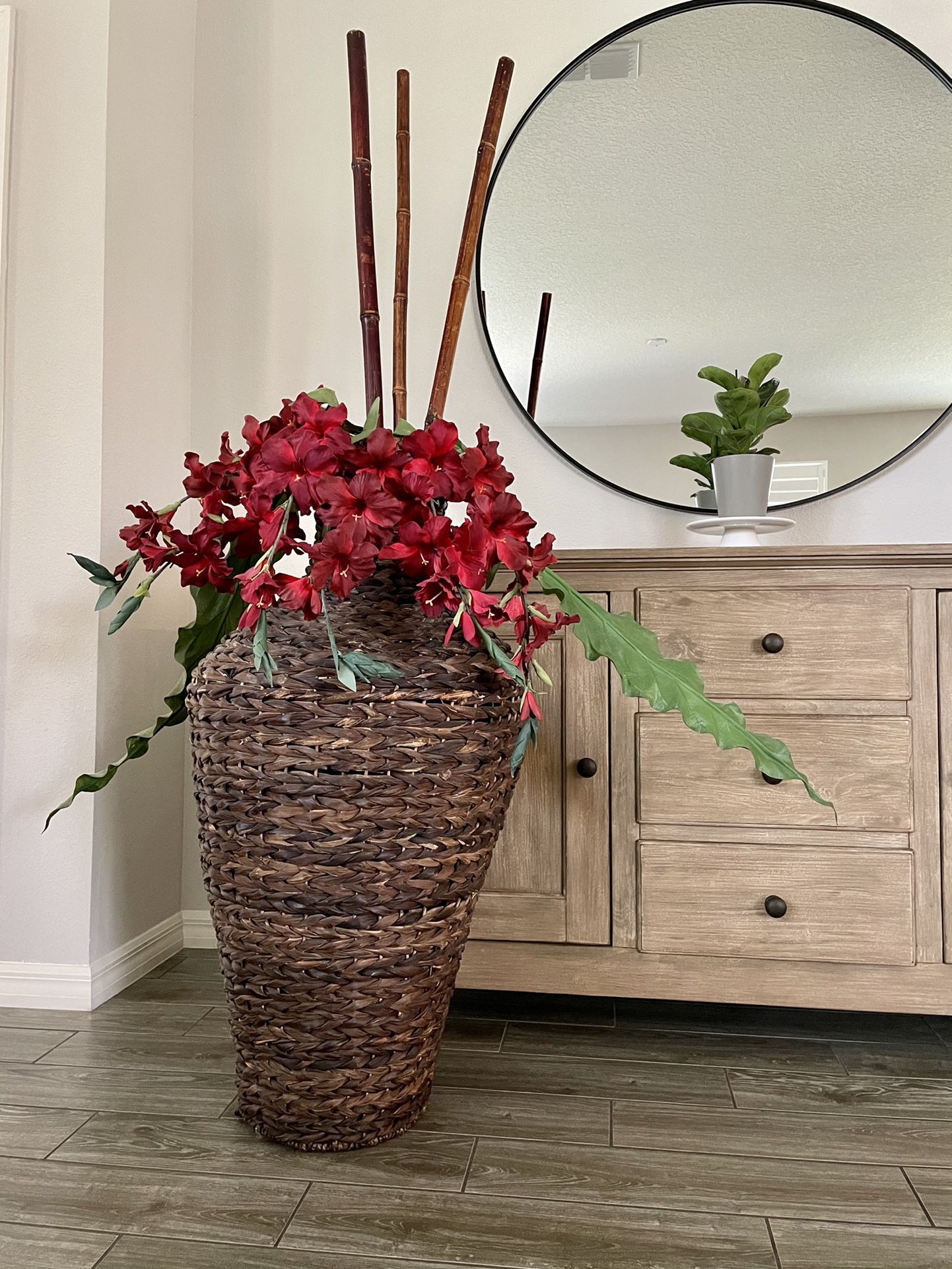Large Wicker Vase With Red Orchid Flowers And Leaves 