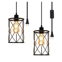 6159: Plug in Industrial 2 Pack Farmhouse Pendant Light, Mini Cage Pendant Lighting in Black Finish with Crystal, Adjustable Length Hanging Light Fixt