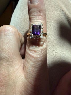 14k solid gold Amethyst and diamond halo ring
