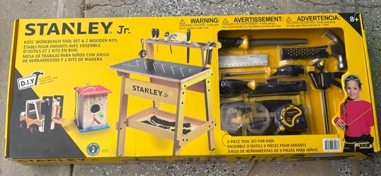 Stanley Jr. kids workbench set includes a wooden workbench,