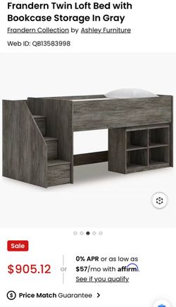 Frandern Twin Loft Bed with Bookcase Storage In Gray
