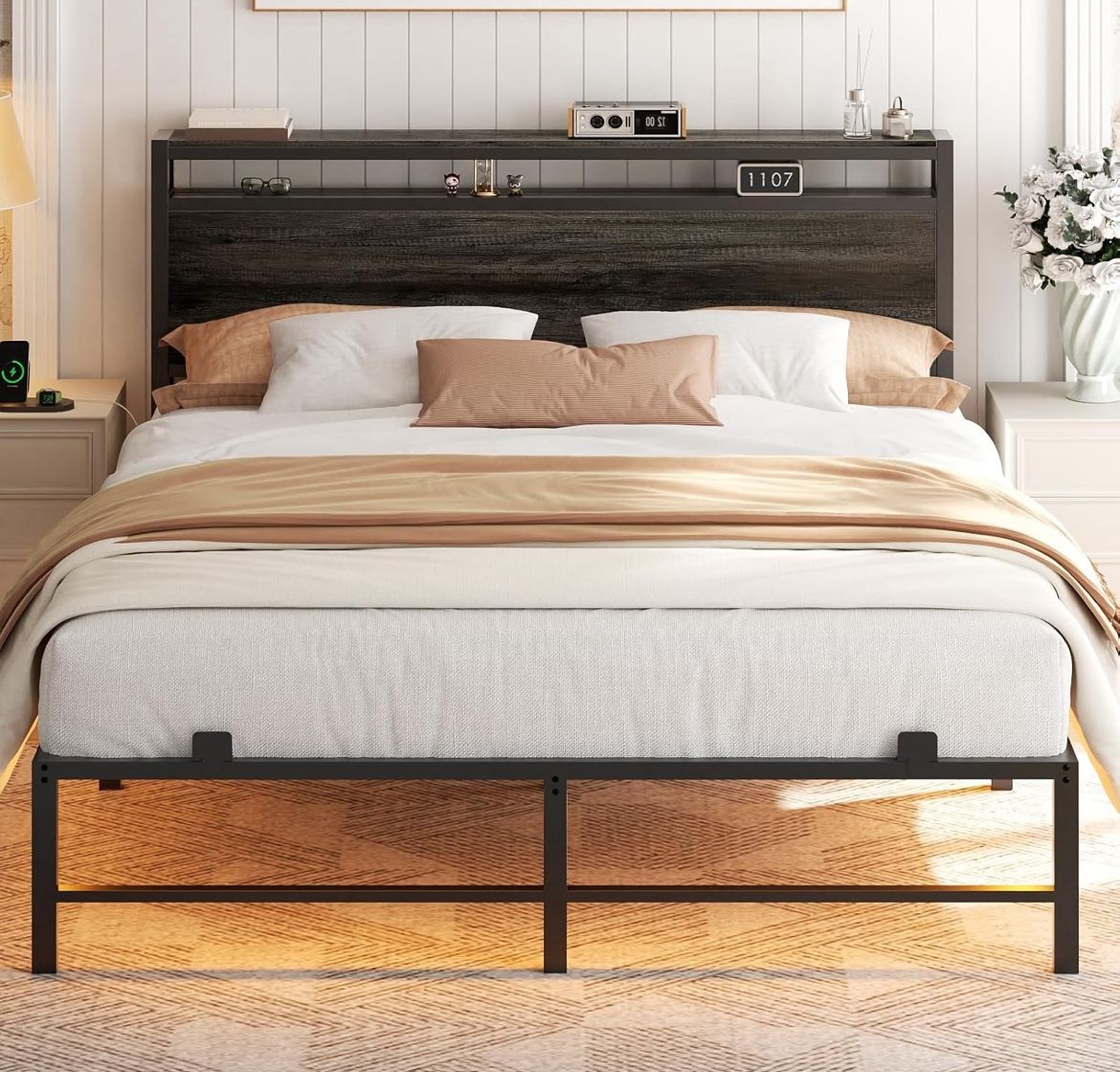 Queen Bed Frame with Headboard - Metal Platform, LED Lighting & USB Hub, Reinforced Slat Support, No Box Spring Needed, Grey
