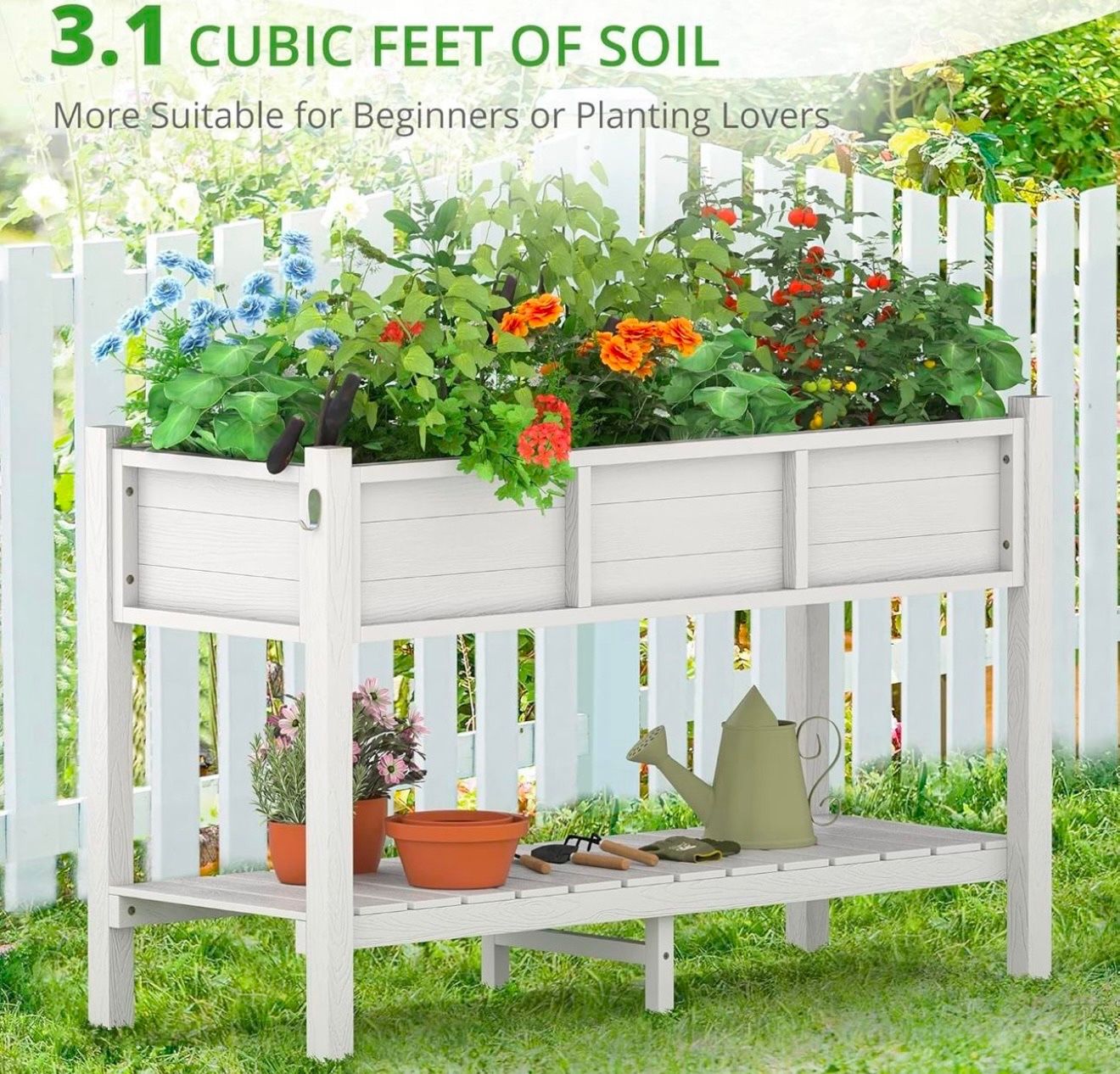 Raised Garden Bed with Tools. White