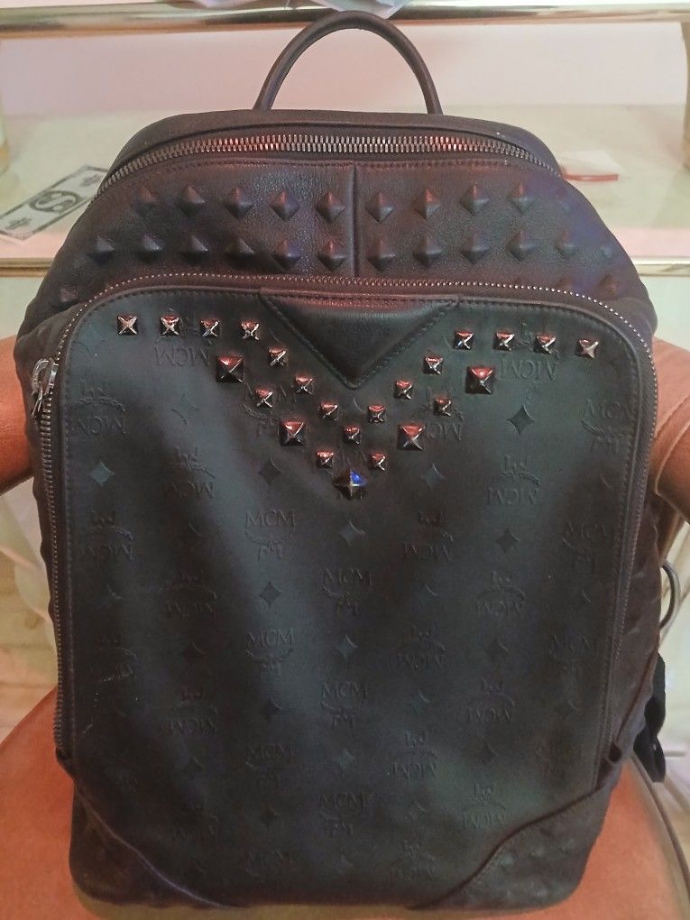 MCM MCM Duke Odeon Black Studded Medium Men's Embossed Leather Backpack - Black