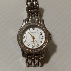 Embassy by Gruen GEM2101L Lady's Silver Tone Quartz Round Watch Rhinestones