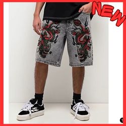 New Men’s 32 Zumiez Ninth Hall Waylay Embroidered Dragon Denim Shorts Rhinestoned