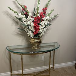 Mid Century Modern Brass Profile Demi -Lune Glass Top Console Sofa Table