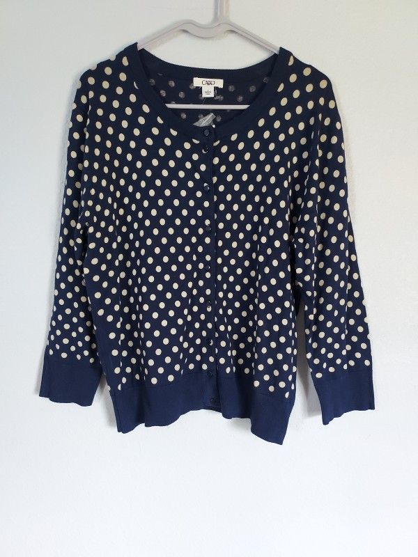 Cato Womens Blue Polka For Cardigan Sweater Size Large NEW Rayon Nylon