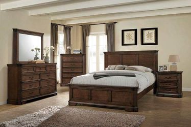 BEAUTIFUL NEW SHERRY QUEEN BED, DRESSER, MIRROR AND NIGHT STAND SET ON SALE ONLY $799. KING SET $899. SAME DAY DELIVERY. NO CREDIT CHECK FINANCING