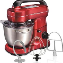 Hamilton Beach Electric Stand Mixer, 4 Quarts, Dough Hook, Flat Beater Attachments, Splash Guard, 7 Speeds with Whisk, Easy-Carry Top Handle, Red