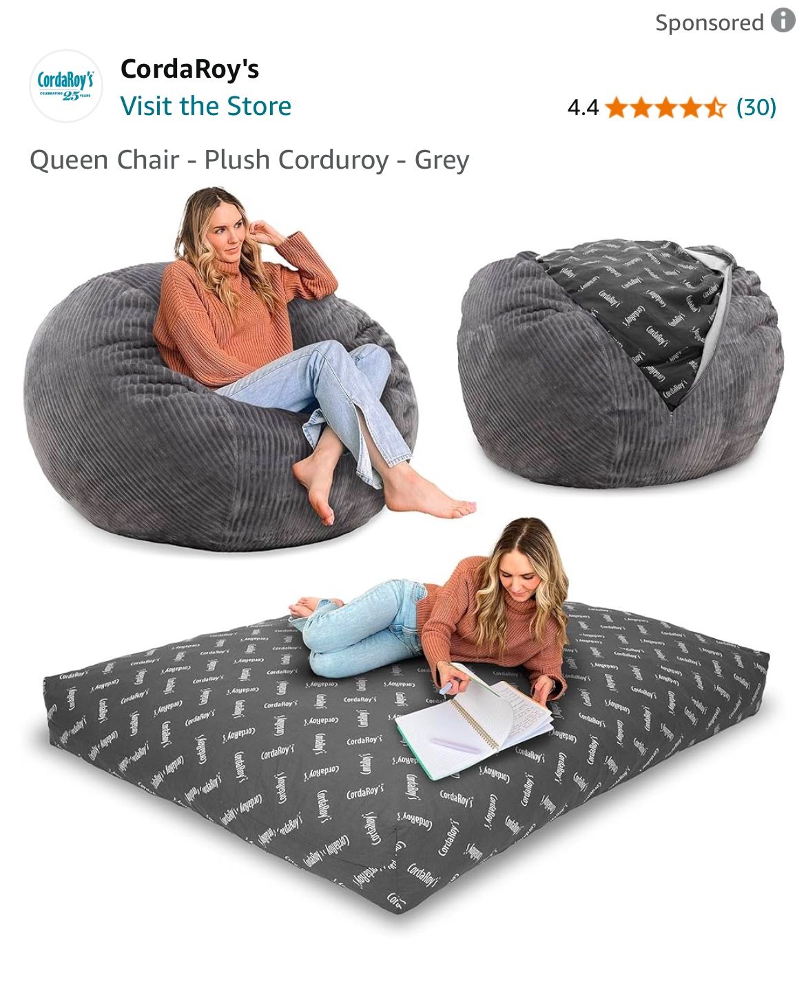 CordaRoy's Corduroy Bean Bag - Convertible Bean Bag Chair & Bed
