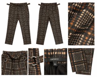 Forever 21 Women’s Plaid Paperbag Waist Pants Size Medium Brown Black Cream