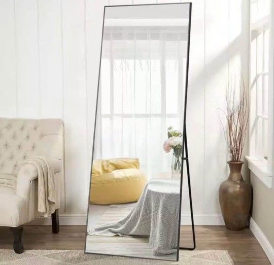 70” x 31” Oversized Rectangle Metal Frame Mirror With Stand - Black