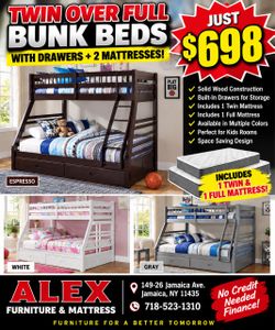 Twin Over Full Bunk Bed with Drawers and Mattresses