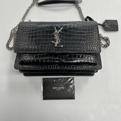 BLACK YSL CROC EMBOSSED, MONOGRAM, SUNSEET CROSSBODY WOMANS BAG, IN GOOD CONDITION, NO BOX OR DUST BAG PROVIDED, ENTRUPY VERIFIED