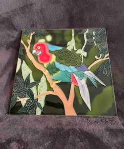 Vintage Ceramic 12“ x 12“ Parrot Tile with Wall Hanger