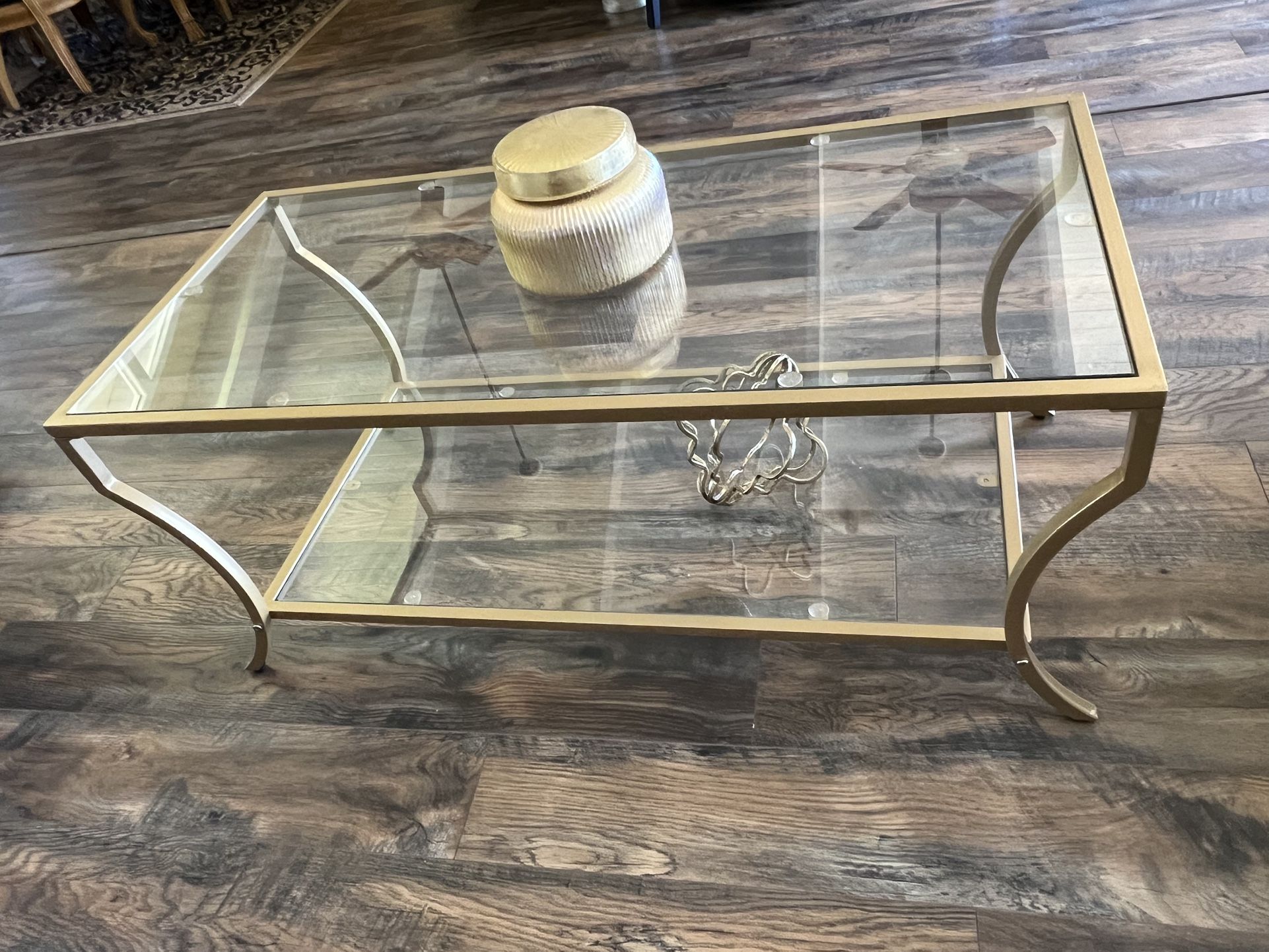 2 Tier Rectangular Iron Framed Tempered Glass Coffee Table