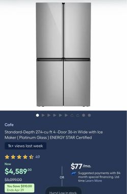 GE CAFE LUXURY REFRIGERATOR -  Standard-Depth 27.4-cu ft 4 - Door 36-in Wide with Ice Maker