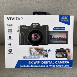 Vivitar 4K WiFi 20MP Digital Camera With Macro and Wide Lens 3” Screen Black