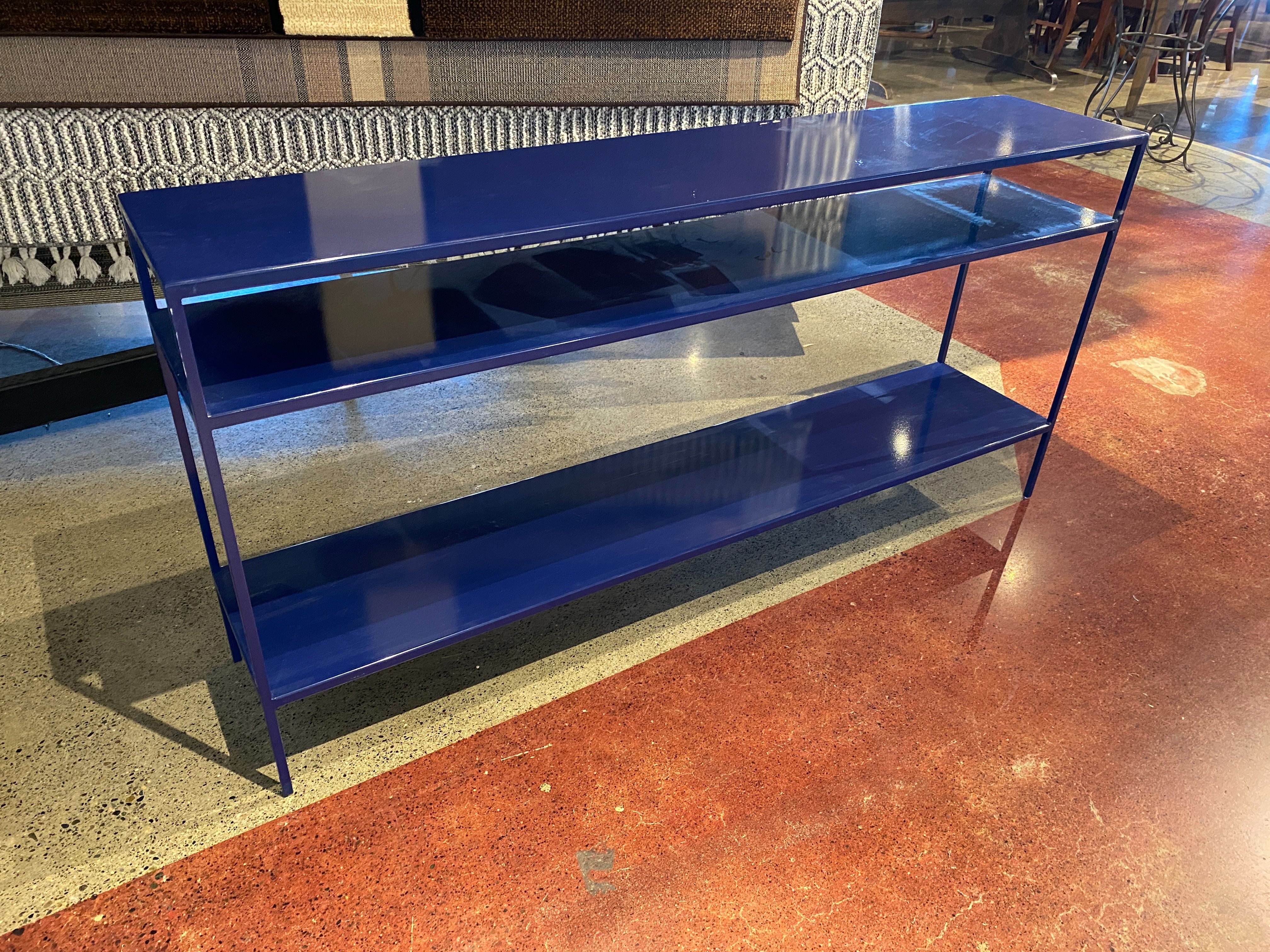 60″ Wide 3 Tier Metal Console Table in Mykonos Blue