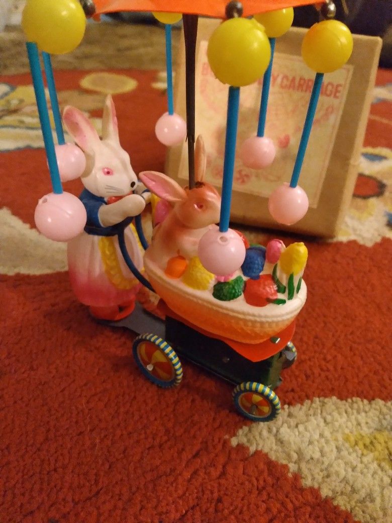 Celluloid Wind-up Pull Toy Spinning Top Bunny & Baby Carriage Toy w/ Box