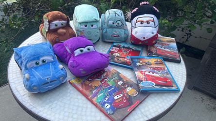 Disney Store Pixar Cars Plush Stuffed Vehicles Mixed Lot of 6 + DVDs and Blu-rays + book