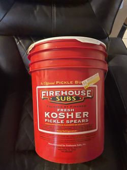 Empty firehouse subs 5 gallon pickle bucket with lid