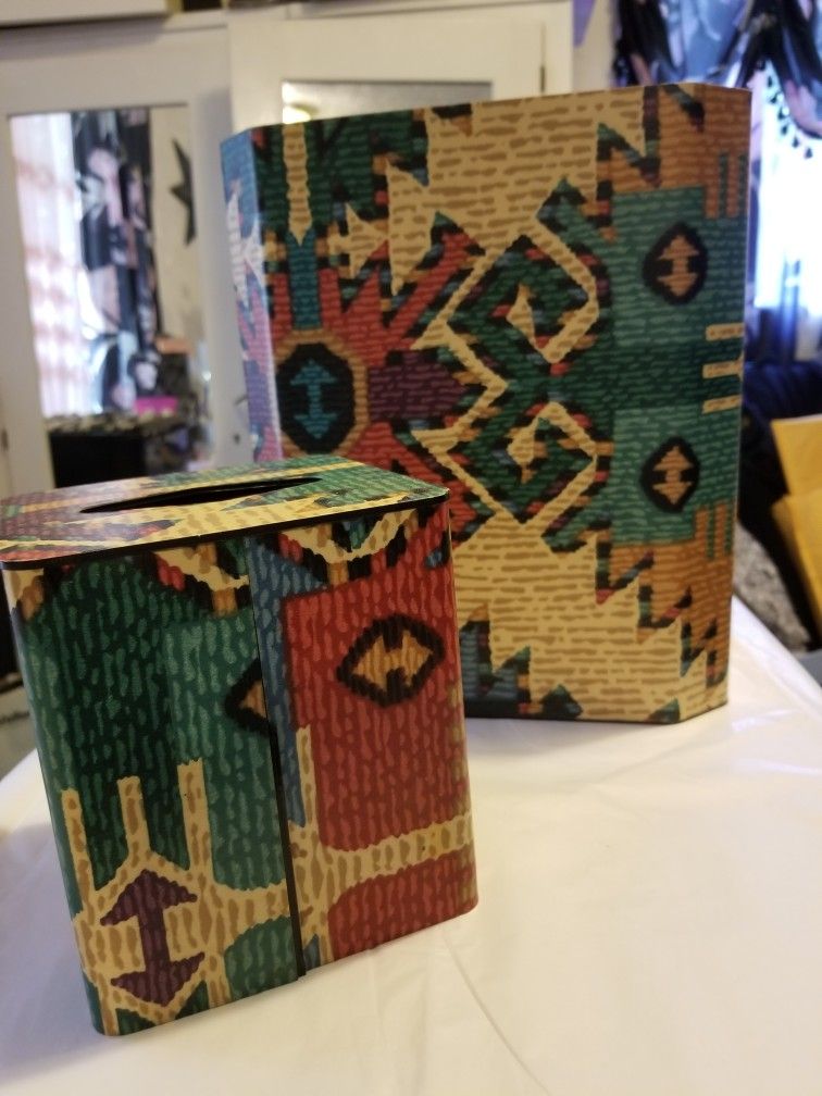 Southwest Pattern Tissue Box And Wastebasket