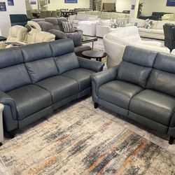 Genuine Leather Bluish Gray Sofa Dual Recliner And Stationery Loveseat 