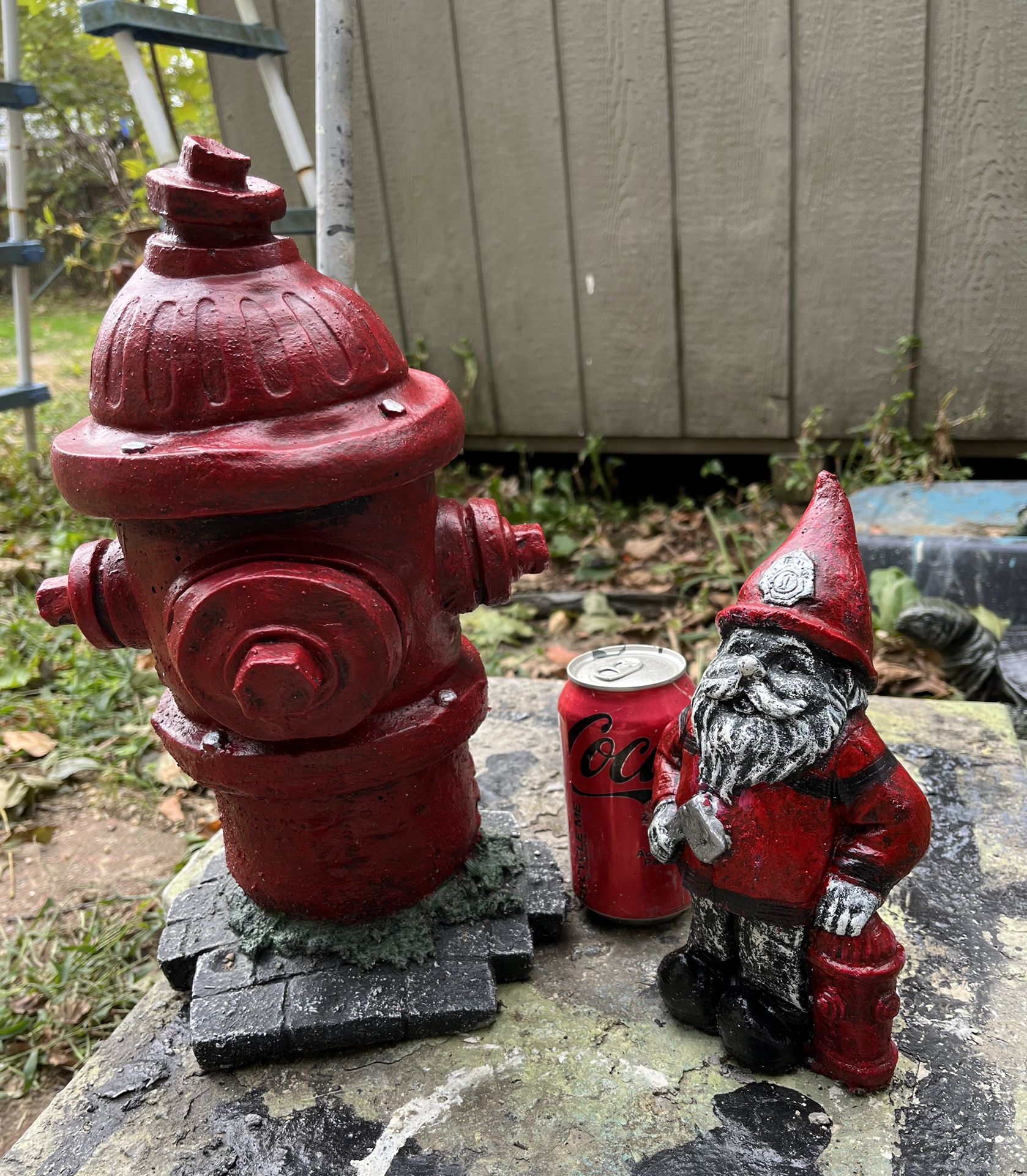 PENDING: Crooked Handmade Solid Concrete Hydrant And Fireman Gnome Garden Statue Set